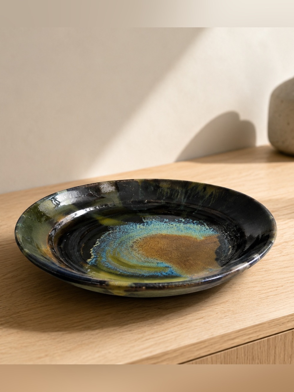 Studio Pottery Shallow Dish / Decorative Plate Blue Green Glaze